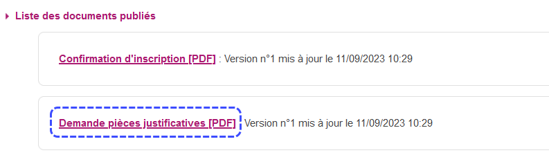 Liste des documents publiés contenant la confirmation d'inscription et la demande de pièces justificatives