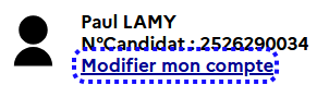 Emplacement du menu pour modifier le compte candidat