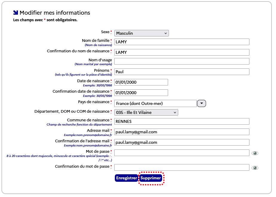Écran d'information du compte où se trouve le bouton pour supprimer le compte