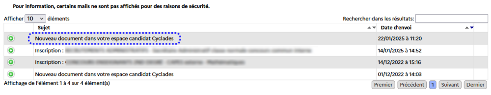 Ecran affichant la liste des messages reçus