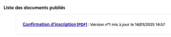 Liste des documents publiés contenant la confirmation d'inscription