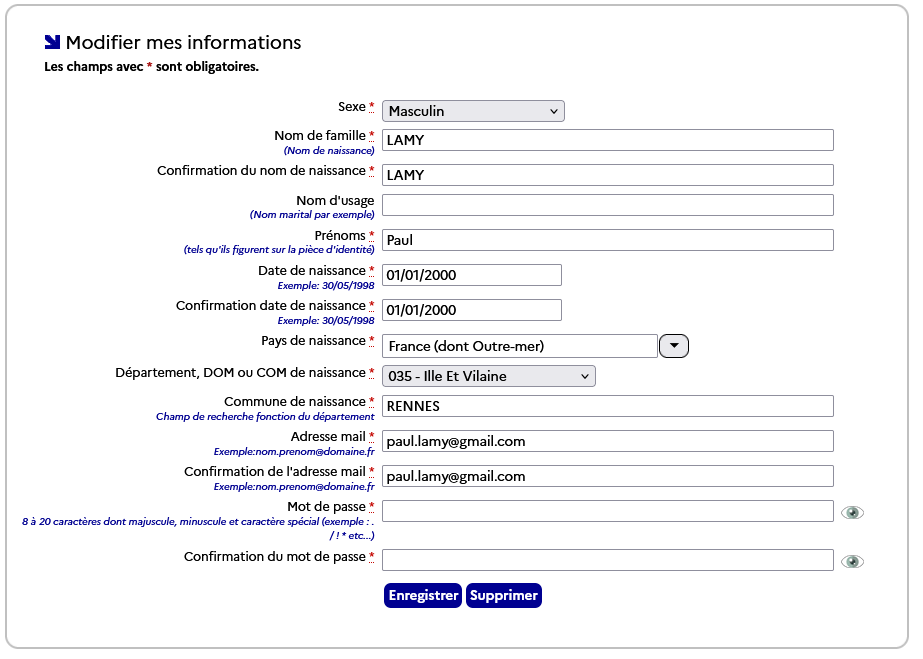 Page de modification des informations personnelles du candidat