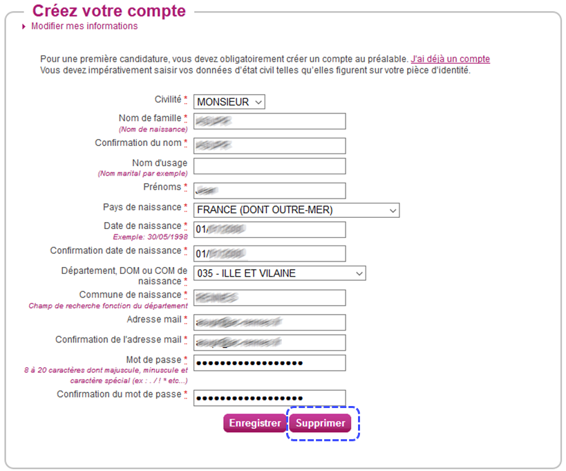 Écran d'information du compte où se trouve le bouton pour supprimer le compte