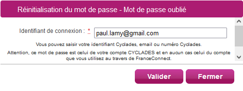 Fenêtre permettant de demander la réinitialisation du mot de passe