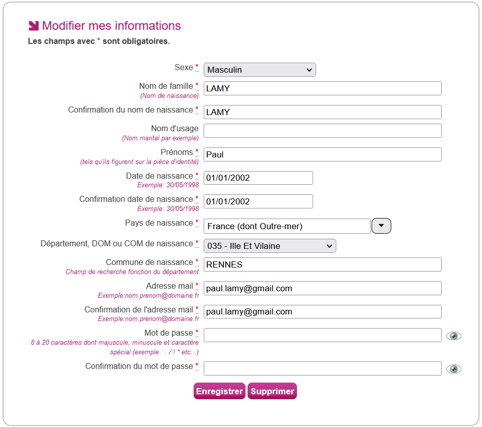 Page de modification des informations personnelles du candidat