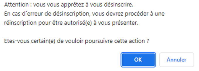 Fenêtre demandant confirmation de la désincription