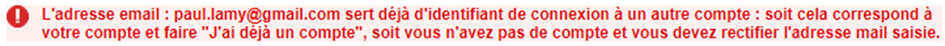 Message d'erreur dans le cas d'un compte existant pour cet identifiant