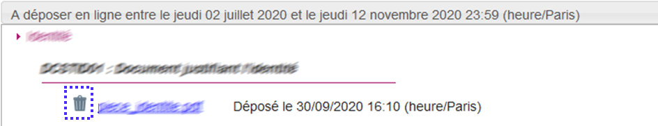 Aperçu du bouton ayant une forme de poubelle permettant de supprimer une pièce précédemment déposée