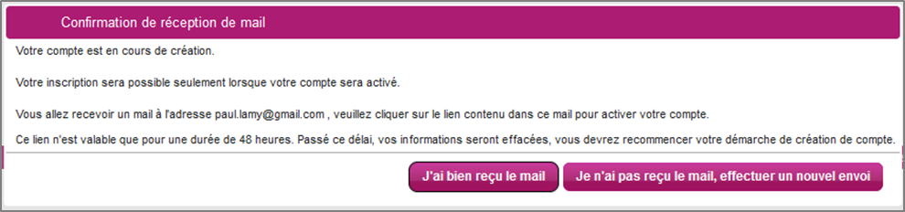 Fenêtre de confirmation de réception de mail pour le mot de passe