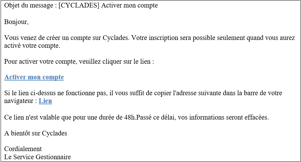 Exemple de mail d'activation du compte candidat