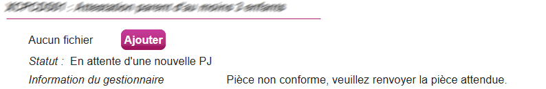 Exemple d'une pièce au statut « En attente d'une nouvelle PJ »