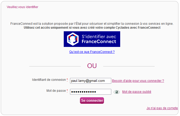 Page de connexion via FranceConnect