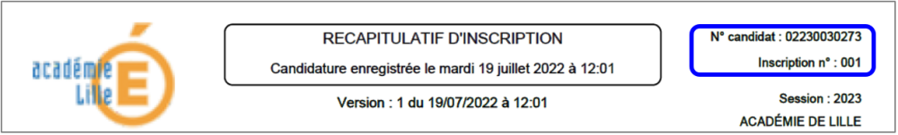 Exemple de numéro candidat sur un récapitulatif d'inscription