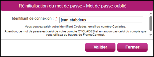 Fenêtre permettant de demander la réinitialisation du mot de passe