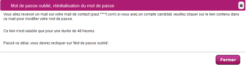 Fenêtre de confirmation de réinitialisation de mot de passe