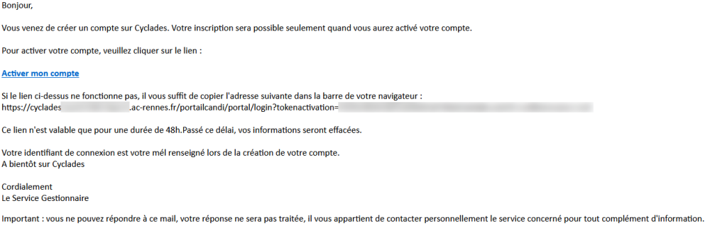 Exemple de mail d'activation du compte candidat