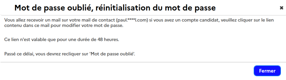 Fenêtre de confirmation de réinitialisation de mot de passe