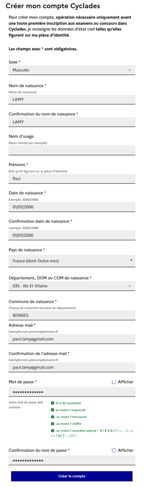 Formulaire de création du compte candidat