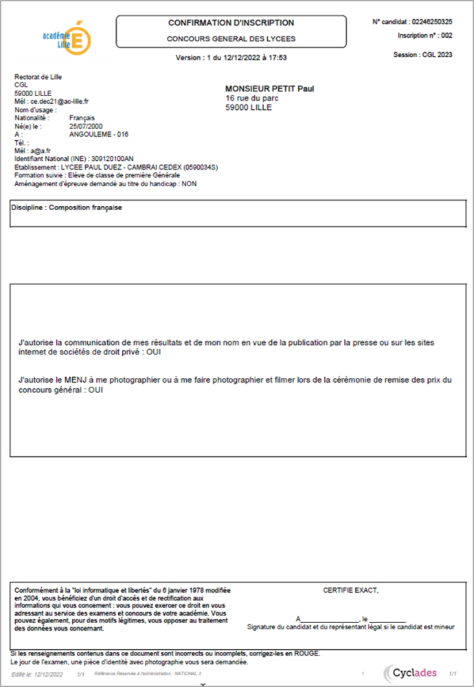 Exemple de confirmation d'inscription