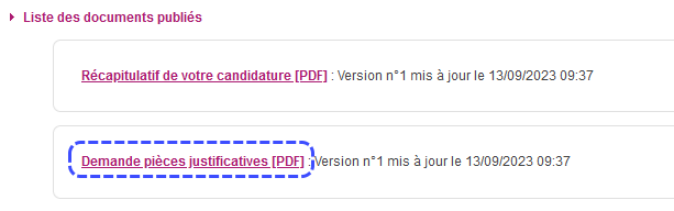 Liste des documents publiés contenant le récapitulatif d'inscription et la demande de pièces justificatives