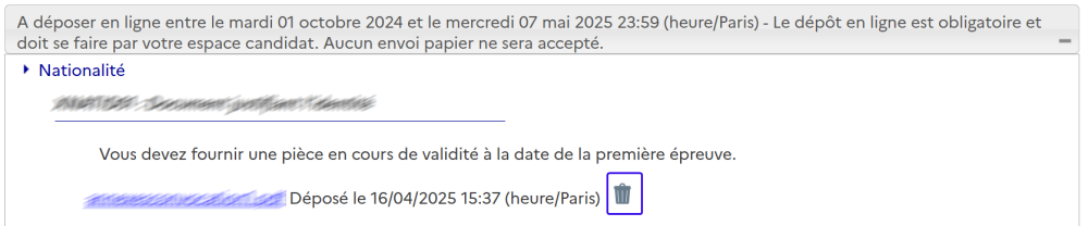 Aperçu du bouton ayant une forme de poubelle permettant de supprimer une pièce précédemment déposée