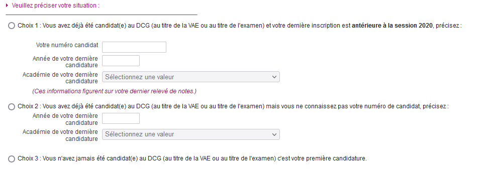 Choix lors du démarrage d'une inscription
