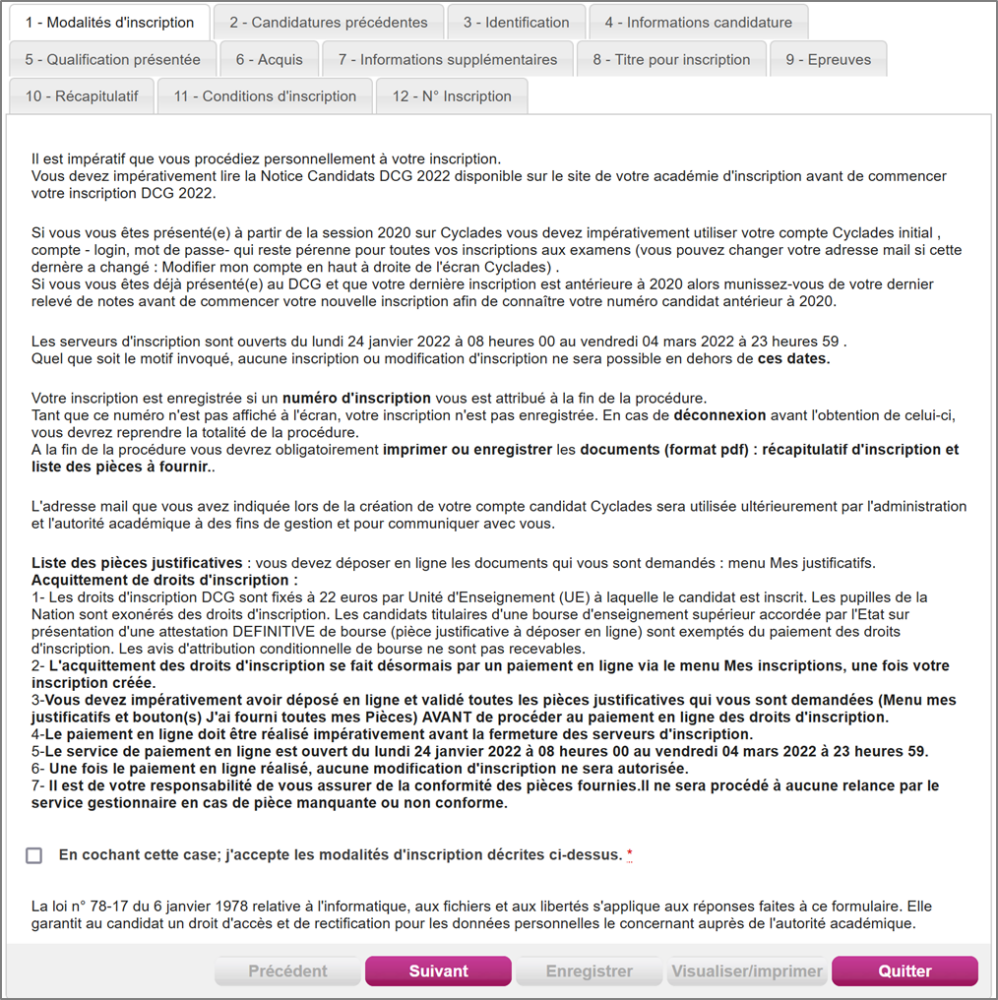 Onglet décrivant les modalités d'inscription