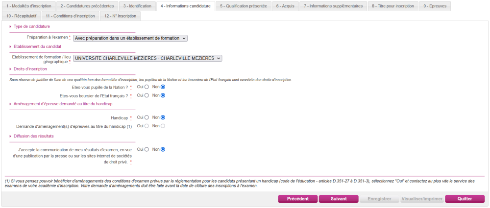 Onglet décrivant les informations de la candidature (type, établissement, etc.)