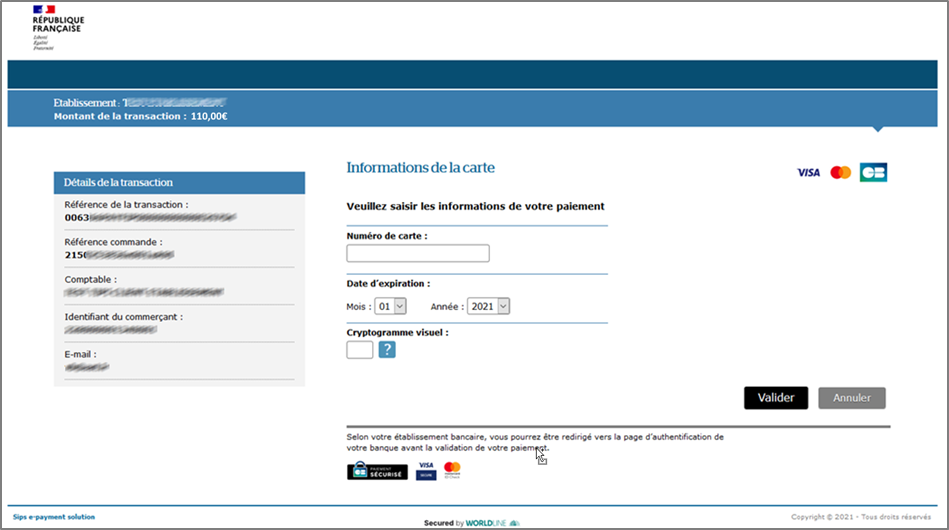 Page de saisie des informations de la carte bancaire pour paiement des frais