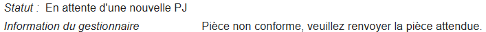 Exemple d'une pièce au statut « En attente d'une nouvelle PJ »
