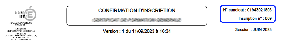 Exemple de numéro candidat sur une confirmation d'inscription