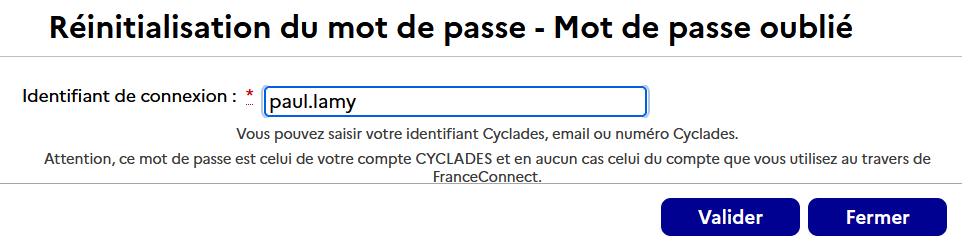 Fenêtre permettant de demander la réinitialisation du mot de passe
