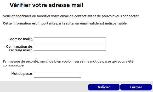 Ecran de modification du mot de passe lors de la première connexion au compte candidat.