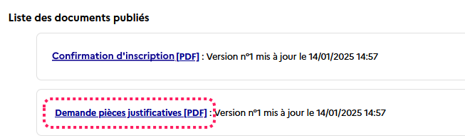 Liste des documents publiés contenant la confirmation d'inscription et la demande de pièces justificatives