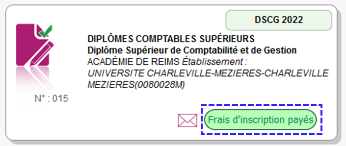 Exemple montrant une candidature ayant payé ses frais d'inscription