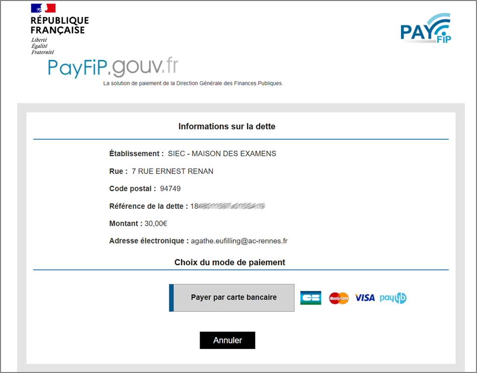 Page d'information sur la dette