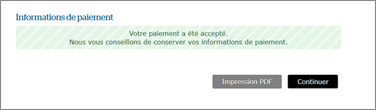 Page montrant que le paiement a été accepté