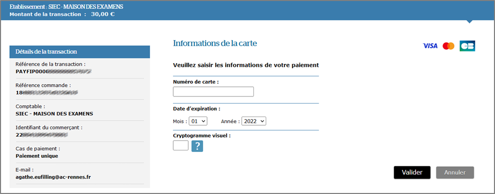 Page de saisie des informations de la carte bancaire pour paiement des frais