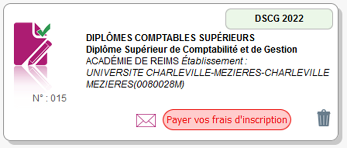 Exemple d'une candidature n'ayant pas encore réglé ses frais d'inscription