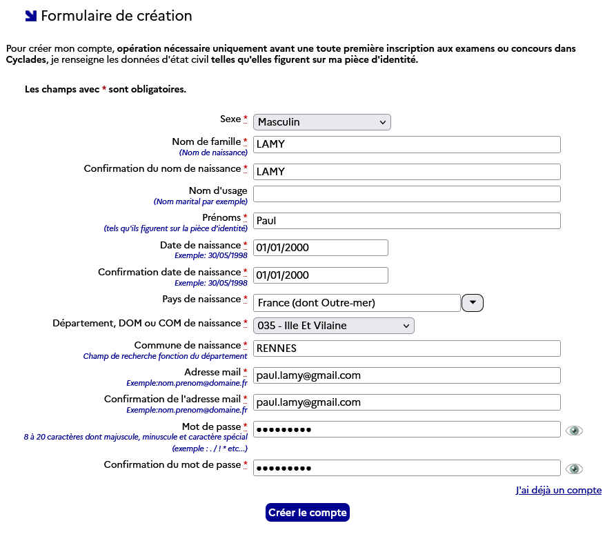 Formulaire de création du compte candidat
