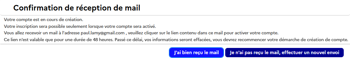 Fenêtre de confirmation de réception de mail pour le mot de passe