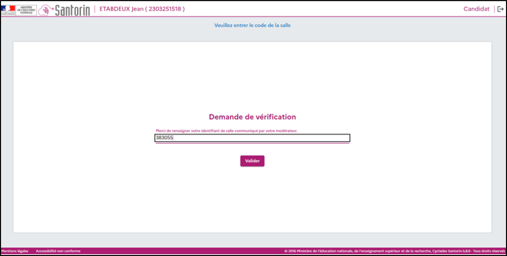 Ecran permettant de renseigner l'identifiant de la salle