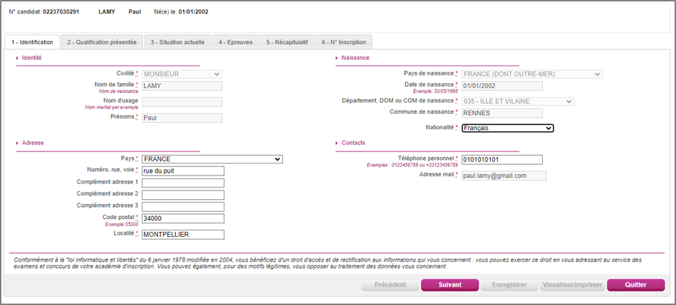 Onglet décrivant les éléments d'identification du candidat (identité, informations de naissance, adresse et contact)