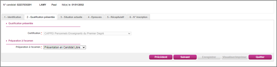 Onglet décrivant la qualification présentée