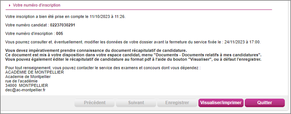 Dernier onglet du parcours récapitulant les informations d'inscription (numéro candidat, numéro d'inscription, etc.)