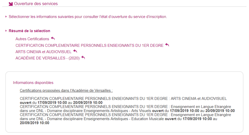 Page permettant d'obtenir les dates de la période d'inscription